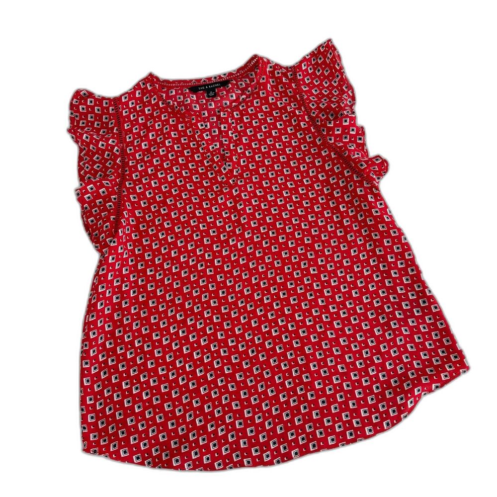 Zac & Rachel M Red Flutter Sleeve Blouse Top Vneck Flowy Patriotic Peek a Boo